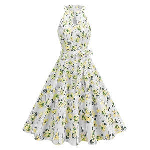 Elegantes ärmelloses Neckholderkleid mit gelbem Blumendruck und Schleife an der Taille
