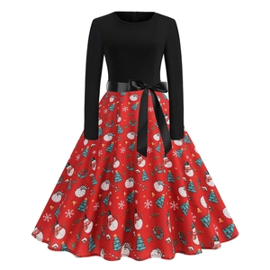 Christmas vintage long sleeve A-line dress with festive snowman and tree prints