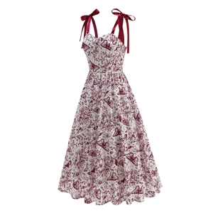 Robe longue d'été élégante à imprimé floral avec bretelles à nœuds et taille haute ajustée