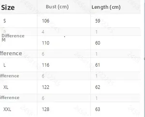 Size chart for women's quilted jacket showing chest and length measurements from S to XXL