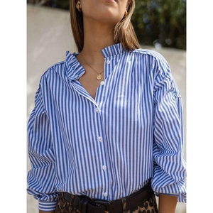 Vertical blue and white striped long sleeve shirt with stand collar and white buttons