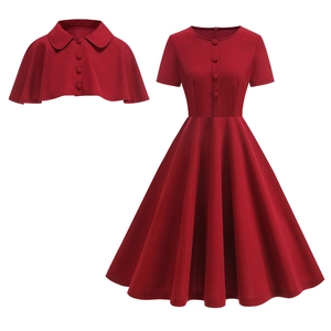Abito da Donna Vintage Rockabilly Elegante con Mantellina a Revers Bolero e Manica Corta Vita Alta a Trapezio Lunghezza Midi Hepburn Party Wear