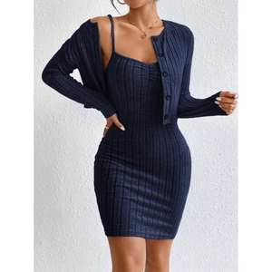 Slim fit dark blue ribbed knit two-piece set with mini dress and long sleeve cardigan