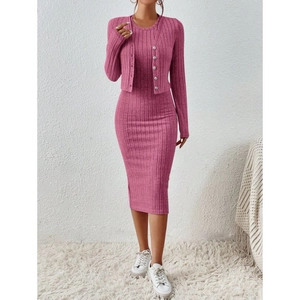 Slim fit two-piece knit set featuring a rose pink long sleeve cardigan and midi dress
