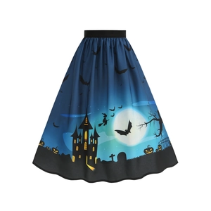Damen Halloween Druck Midirock Elastische Hohe Taille A-Linie Gothic Party Rock Schloss Fledermaus Kürbis Muster Skaterrock