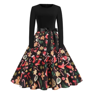 Women's Christmas vintage round neck long sleeve dress with gingerbread and snowflake print