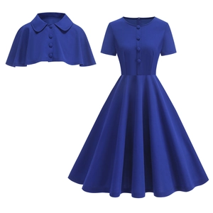 Set abito due pezzi blu reale vintage con gonna a trapezio e mantella con bottoni