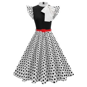 Vintage 1950s Hepburn Style Women Midi Dress Polyester Floral Polka Dot Printed Flutter Sleeve Bow Tie A-Line Swing Dress With Belt
