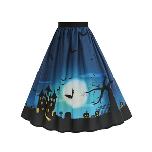 Halloween Maxirock für Damen mit hoher Taille, Schloss-, Fledermaus- und Kürbisprint