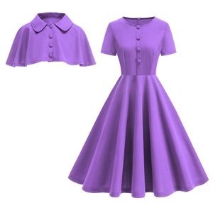 Completo retrò viola due pezzi con abito a trapezio e mantella con revers coordinata