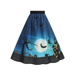 Halloween A-Linien Rock für Damen mit Gruselmond Fledermaus und Schloss Motiven
