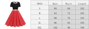 Size chart for vintage polka dot dress showing measurements from S to XXL in centimeters