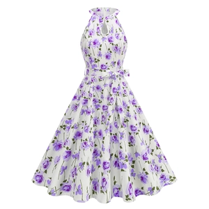 Damen Vintage Halter Neck Blumenmuster Midi Kleid Audrey Hepburn Stil A-Linie Swing Kleid Mit Schleife Gürtel Ärmellos Party Kleid