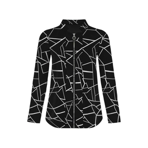 Women's vintage baseball jacket with white geometric lines print and zipper closure