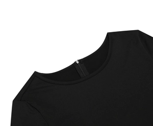 Detail of round neckline and invisible back zipper on a vintage black Christmas dress