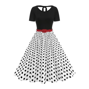 Vintage 1950s Polka Dot Rockabilly Dress For Women Short Sleeve Round Neck Hollow Back Bow Large Swing A-Line Midi Dress