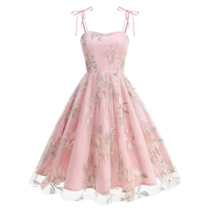 Pink A-line strap dress with floral embroidery and retro adjustable tie shoulders