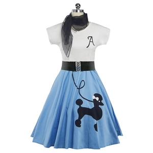 Women Vintage Poodle Print Dress Retro Cotton Blend Short Sleeve Top And Bottom Midi A Line Dress For Party Daily Casual