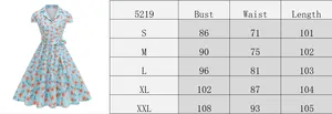 Size chart for floral print dress with measurements for bust, waist and length from S to XXL
