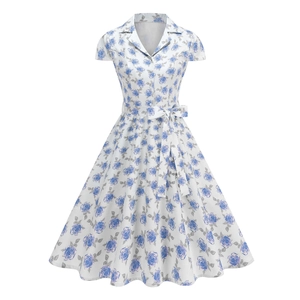 Elegant white short sleeve A-line dress with blue rose print and bow belt