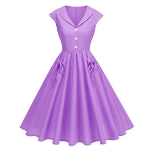 Robe trapèze vintage violette à manches courtes avec col à revers et nœuds aux poches