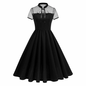 Women Retro Mesh Polka Dot Short Sleeve Patchwork Dress Elegant High Waist Bow Tie Neck Hepburn Style Swing Midi Dress
