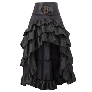 Retro gothic high waist skirt featuring leather belt, bronze buckles and layered ruffles
