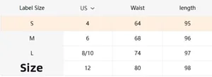 Detailed size chart for high waist mesh skirt with US size, waist, and length measurements
