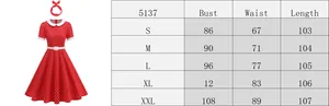 Detailed size chart for Hepburn style red polka dot dress with bust and waist measures