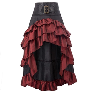 Vintage steampunk high-low skirt with black leather waist belt and red ruffled layers