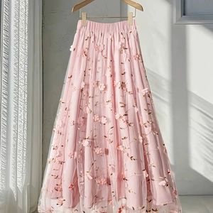 Women High Waist 3D Flower Tulle Midi Skirt Elegant Double Layer Mesh A-Line Fairy Skirt With Embroidery Pink