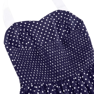 Detailed view of dark blue polka dot fabric with smocked elastic and sweetheart neckline