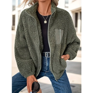 Army green teddy fleece jacket with stand collar and zipper chest pocket for men