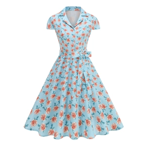 Women Retro Floral Print Short Sleeve A-Line Dress Lapel Button Down Waist Tie Bow Summer Vintage Swing Midi Dress