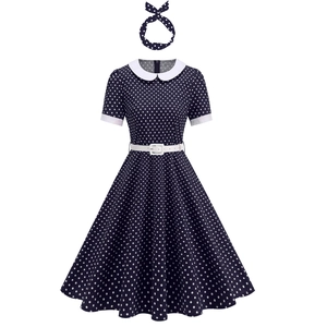 Vintage 1950s Polka Dot Midi Dress For Women Audrey Hepburn Style Short Sleeve Peter Pan Collar With Belt And Headband