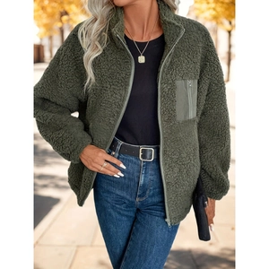 Women olive green faux lamb wool jacket with stand collar and zipper pocket detail