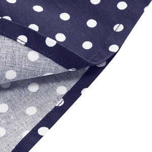 Macro detail of navy blue polka dot fabric showing precise stitching and woven texture