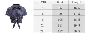 Size chart for the short sleeve polka dot shirt showing bust and length measurements
