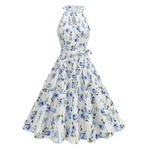 Elegantes weißes ärmelloses A-Linien-Kleid mit blauem Rosendruck und Neckholder-Ausschnitt