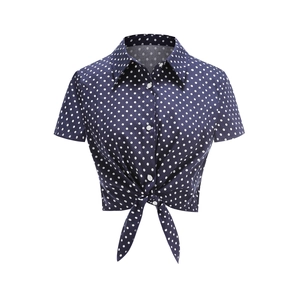 Women Retro Polka Dot Short Sleeve Shirt V Neck Slim Fit Button Down Tie Front Crop Top Blouse Summer Casual Clothes