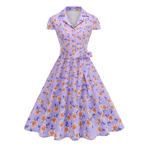 Short sleeve lavender floral midi dress with shirt collar and waist tie for women