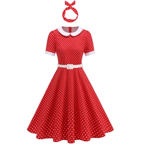 Vintage 1950s Audrey Hepburn red polka dot flare dress with Peter Pan collar