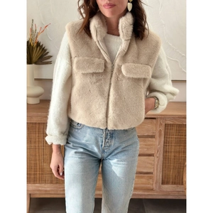 Women's beige faux fur vest with stand collar and zipper closure for casual winter style