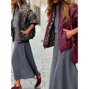 Women's Reversible Bomber Jacket Elegant Leopard Print And Burgundy Satin Zip Up Casual Outerwear Coat For Autumn