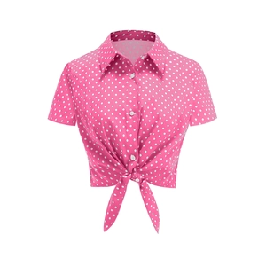 Slim fit polka dot short sleeve shirt with waist tie design in vibrant rose pink