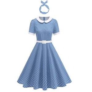 Retro 50s Hepburn style light blue polka dot dress with white collar and belt set