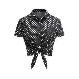 Short-sleeve polka dot blouse with a retro lapel and front tie-knot hem detail