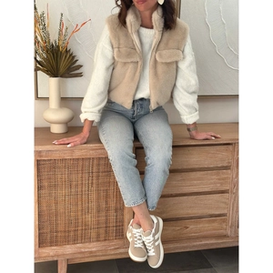 Chic beige faux fur vest with stand collar and zipper closure for autumn winter fashion