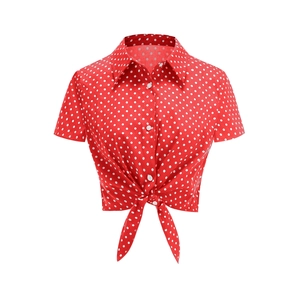 Slim fit red polka dot short sleeve shirt with button down front and front waist tie knot
