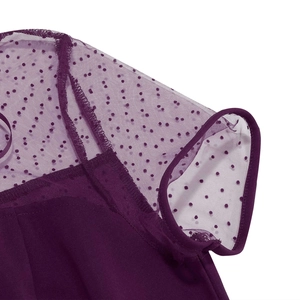 Detail of plum purple dress with mesh flutter sleeves and flocked polka dots